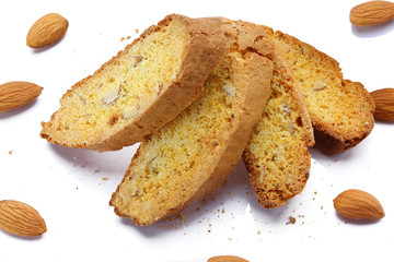 Stacked roasted almond bread isolated on white background