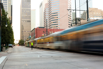 Denver Downtown at Early Morning. Photo Shows Rail Train Running on California Street, Denver...