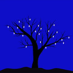 Tree on blue background for celebration decoration design. Christmas tree. Celebration & party. Vector background. Night scene. Bright star.