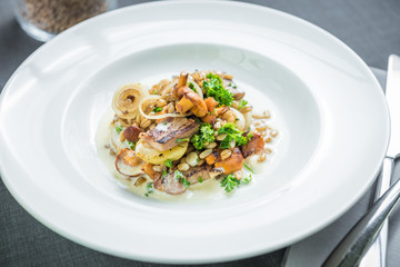 Pork roast meat with mushroom sauce, potatoes