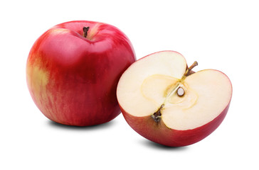 Fresh red apple and half of apple with seed, isolated on white background.