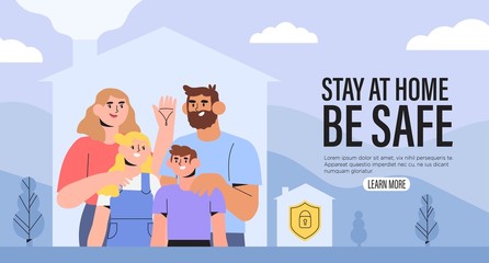 Happy healthy family stay at home in isolation during quarantine on isolation. Smart home security system or insurance concept. Mother father and daughter spend time together in their house.
