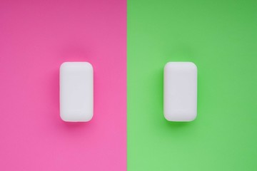 White soap on pink and green