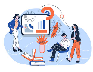 Corporate coaching or business training. Teaching business people and company staff learning. Tutor or lecturer makes presentation. Vector cartoon modern characters illustration.