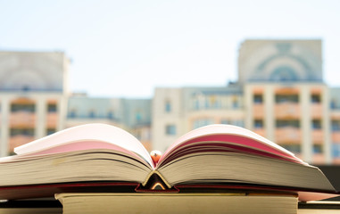 Books in the window with city view. Copy space for text