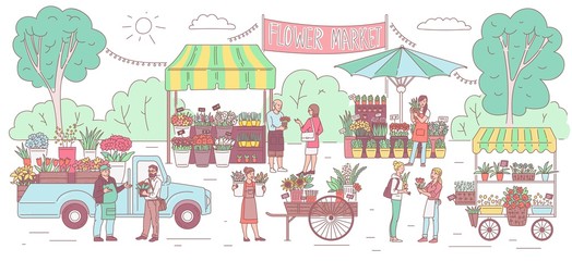 Flower market banner with cartoon people selling and buying flowers