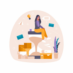 Business woman spends time at messages, calls, papers, goals and reports. Woman sits at sand watches, routine job tasks around.