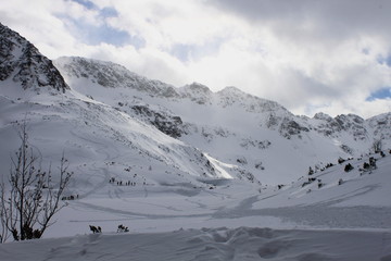 Poland Tatra mountains. Winter Tatras. View of the winter valley of five Polish ponds.