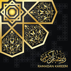 Ramadan Kareem greeting card design. Elegant and premium concept, with dark background and gold subjects or elements. Square format. Vector illustration