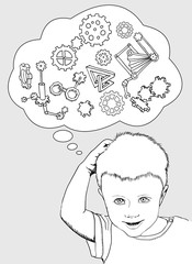 Child thinking with a thought bubble with gears on the background, concept for inspiration and solution. Vector black pen drawing.