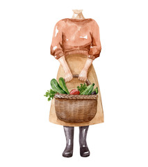 Woman in rubber boots with basket full of vegetables: red pepper, eggplant, zucchini, salad. Gardener woman hold harvest. Watercolor illustration isolated on white background. Human body fragment.