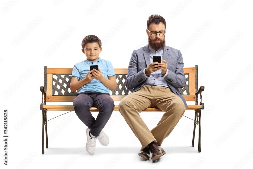 Poster Father and son sitting on a bench and typing on mobile phones