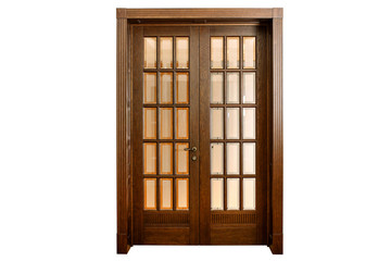 Double wooden doors isolated on white. Frontal image of a closed door.