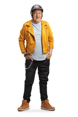 Fototapeta premium Elderly man biker in a yellow leather jacket