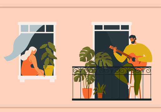 The concept of social isolation during the coronavirus pandemic. People playing musical instruments guitar on balconies. Stay home quarantine.