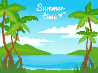Fototapeta na wymiar Summer time nature landscape with palm trees and blue lake shore