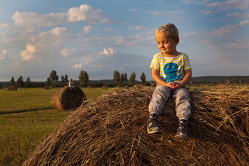 Naklejka na ściany i meble Happy twins on a haystack in a village at sunset. Happy kids in the field