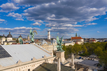 Naklejka premium Aerial veiw on Lviv Opera House from drone