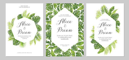 Wedding invitations set. Cards with tropical green leaves design. Floral geometric border. Vector illustration.