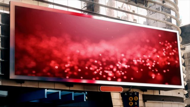 bigboard advertising on the street, on the building, red background with flying particles