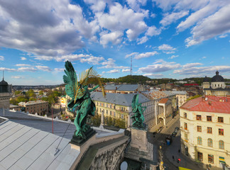 Obraz premium Aerial veiw on Lviv Opera House from drone