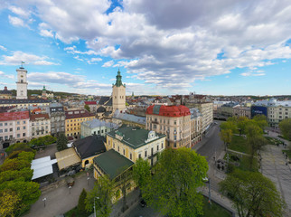 Fototapeta premium Aerial view on City Hall and Latin Cathedral in Lviv, Ukraine from drone