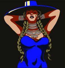 Girl in a boho style with a hat with wide brim and braided braids, Fashion picture in FASHION, Layers of crystals necklace precious stones, little black dress, illustration in the fashion magazine, Mo