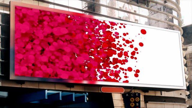 bigboard advertising on the street, on the building, abstract movement of red round particles