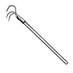 Hand drawn outline black vector illustration of a beautiful metal rake with wooden handle for gardening isolated on a white background