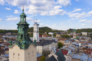 View on Latin Cathedral in Lviv, Ukraine  from drone