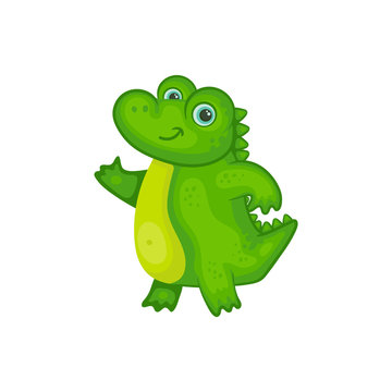 Cartoon baby crocodile smiling and waving - cute green alligator child