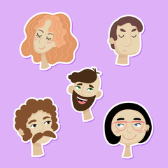 Set of cartoon faces of people with different emotions. Vector flat characters.