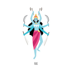 Cartoon Kali - Hindu goddess with six arms isolated on white background