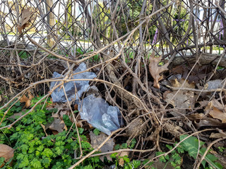 Coronavirus plastic waste polluting the environment, disposable foil gloves pollute the environment and pose a health hazard