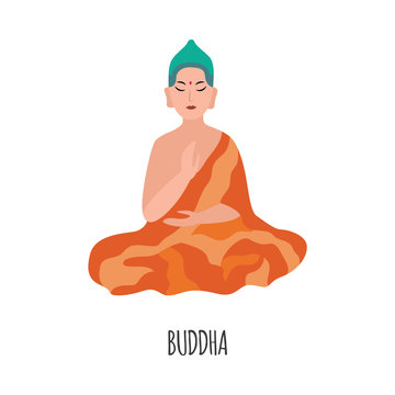 Meditating buddha indian lord character, flat vector illustration isolated.