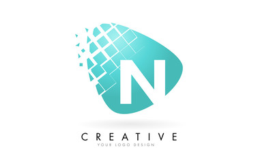 Letter N Design with Aqua Green Shattered Blocks Vector Illustration. Pixel art of the N letter logo. 