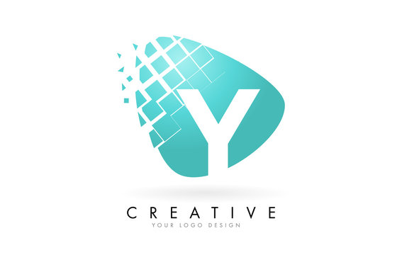 Letter Y Design with Aqua Green Shattered Blocks Vector Illustration. Pixel art of the Y letter logo. 