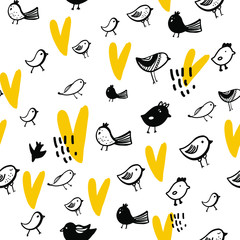 Birds seamless pattern. Doodle funny illustration for your de