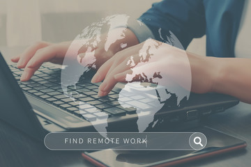 A search bar with the words find remote work and a globe model on the background of a girl working...