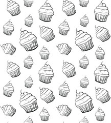 Seamless pattern with cupcakes. Black and white cupcakes texture for menu, wallpapers, covers, greeting cards, wrapping papaer and web.