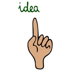 Idea and human hand. Vector illustration. Isolated background. Cartoon style. Index finger up. An idea came up. Lettering. Business concept. Gesturing with the index finger. Light skin.