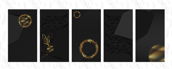 Set of elegant brochure, card, background or cover. Black and golden texture geometric frame. Invitation stock vector set