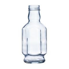 Empty faceted glass bottle isolated on a white background.