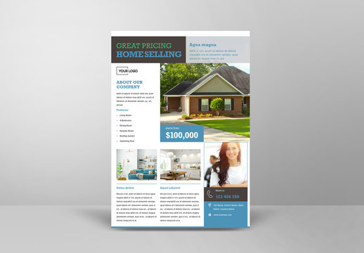 Real Estate Flyer Layout with Green and Blue Accents