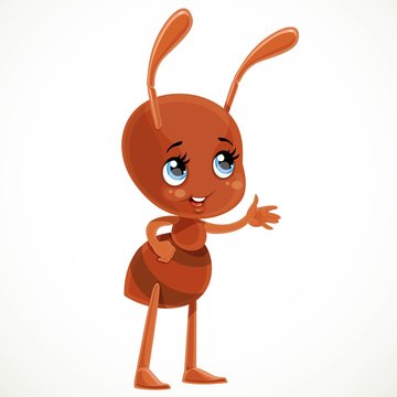 Cute cartoon ant tells something and shows aside with his hand isolated on white background