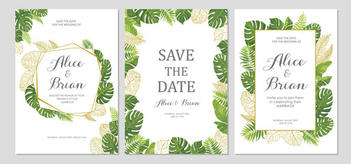 Wedding invitation set. Cards with tropical green leaves and line art graphic. Floral border. Save the date, invite, birthday card design. Vector illustration.