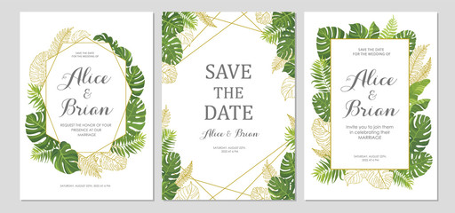 Wedding invitation set. Cards with tropical green leaves and line art graphic. Floral border. Save the date, invite, birthday card design. Vector illustration. © artnata
