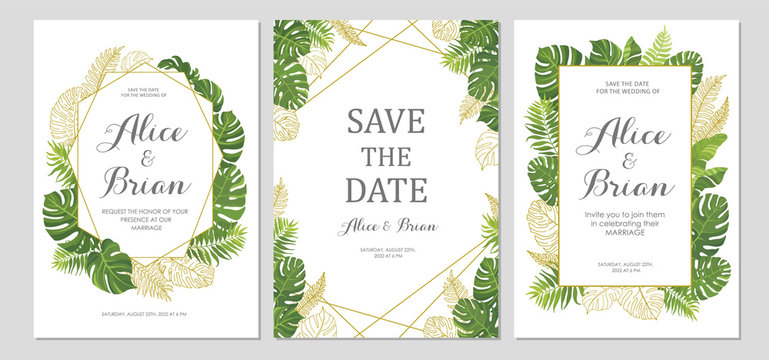 Wedding invitation set. Cards with tropical green leaves and line art graphic. Floral border. Save the date, invite, birthday card design. Vector illustration.