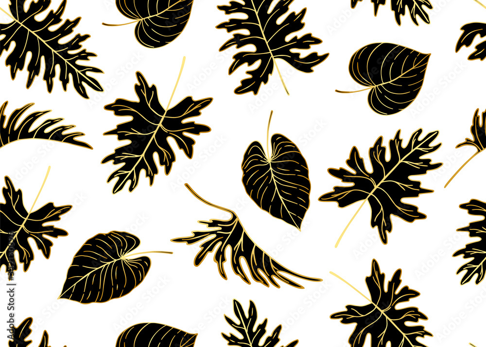 Wall mural Gold and black seamless pattern with different tropical leaves. Vector illustration.