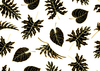 Gold and black seamless pattern with different tropical leaves. Vector illustration.
